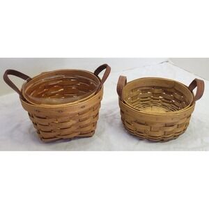 Longaberger Round Button & Laurel Baskets-(w/Protector) with Leather Handles Vtg